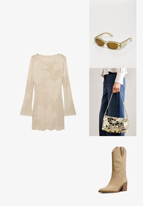 Beige knitted sweater with long sleeves and a scoop neckline, featuring large leaf patterns and a mesh texture. Accented by flared sleeves.; Bershka HIGH-HEEL - Cowboy/Biker boots - beige; Transparent amber sunglasses with rectangular lenses, thick arms, and a glossy finish, featuring a subtle logo on the side.; Gold sequin handbag with a rectangular shape, smooth texture, and a thin strap. The sequins create a reflective surface, enhancing its appearance.