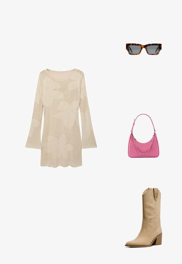 Vaaleanbeige neulepaita pitkillä hihoilla ja avonaisella kaula-aukolla, jossa on suuria lehtikuvioita ja verkkomainen rakenne. Korostettu levenevillä hihoilla.; Bershka HIGH-HEEL - Biker-/cowboysaappaat - beige; Kilpikonnakuosiset aurinkolasit, joissa on kulmikkaat kehykset, harmaat linssit ja sileä pinta. Ominaisuuksiin kuuluu rohkea geometrinen muotoilu ja paksut templet.; Vaaleanpunainen synteettinen olkalaukku, jossa on kaareva muoto, sileä pinta, irrotettava ketjuhihna ja pyöreä logoyksityiskohta edessä.