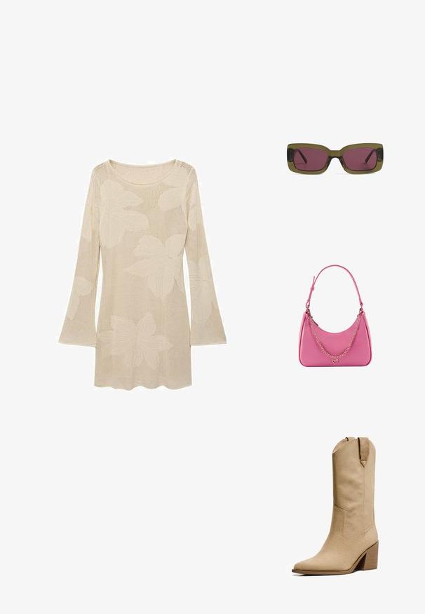 Beige gebreide trui met lange mouwen en een ronde halslijn, met grote bladvormen en een mesh-textuur. Verfijnd met uitlopende mouwen.; Bershka HIGH-HEEL - Cowboy-/Bikerlaarzen - beige; Rechthoekige zonnebril met een olijfgroene montuur en dieproze glazingen. Het frame heeft een glanzende afwerking, terwijl de armen strak en recht zijn.; Roze synthetische schoudertas met een gebogen vorm, gladde textuur, verwijderbare kettingriem en een rond logo detail aan de voorkant.