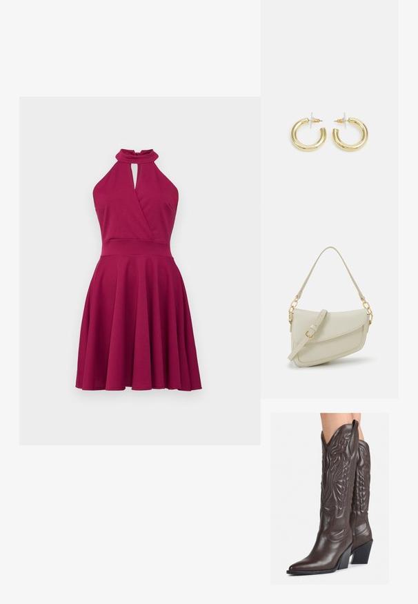 Tobulintas halterio suknelė giliu magentos atspalviu su rakto skylutės detale, apvyniojimu ir platesne sijonu, pagaminta iš lygaus, tampraus medžiagos.; Rudos odinės kaubojaus batai su smailiu priekiu ir blokuotu kulnu, pasižymintys detaliu siuvinėjimu ir iškiliais akcentais ant ašies.; Mažas kreminis rankinukas su tekstūruotu paviršiumi, ilga reguliuojama juostele, grandinėle ir užsegimu su atvartu. Aukso detalės.; Aukso auskarai su lygiu, blizgiu paviršiumi. Apvalus dizainas su maža užrakto dalimi ir skaidria atrama saugiam nešiojimui.