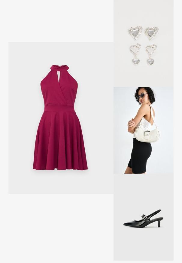 Vestido justo estilo halter em magenta profundo com detalhe em buraco de chave, silhueta envolvente e saia ampla, feito de material suave e elástico.; Saltos slingback em verniz preto com bico pontiagudo e um pequeno salto bloco, apresentando um detalhe de fivela prateada na tira.; Bolsa de couro branca com um formato curvado, alça ajustável e um pequeno detalhe de fivela. Modelo usa um traje preto ajustado.; Os brincos em forma de coração prateados apresentam pedras claras facetadas, com uma moldura texturizada. O conjunto inclui estilos de botão e de gota.