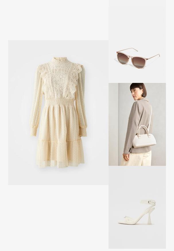 Krémlovo biela šaty s čipkovými detailmi, vysokým golierom a dlhými rukávmi. Má zhromaždený pás a viacvrstvovú sukňu pre textúrovaný vzhľad.; Biele kožené sandále na vysokom podpätku s pásikmi, elegantným dizajnom, priehľadným blokovým podpätkom a dekoratívnym prvkom na špičke.; Hnedé slnečné okuliare s prechodovým efektom a priehľadným ružovým rámom, štvorcového tvaru a tenkými kovovými ramenami. Obsahujú zaoblené okraje a minimálne detaily.; Biela štruktúrovaná kabelka s krátkymi rúčkami a ramenným popruhom, s zlatými kovovými prvkami a textúrovaným materiálom, vystavená na šedom pozadí.