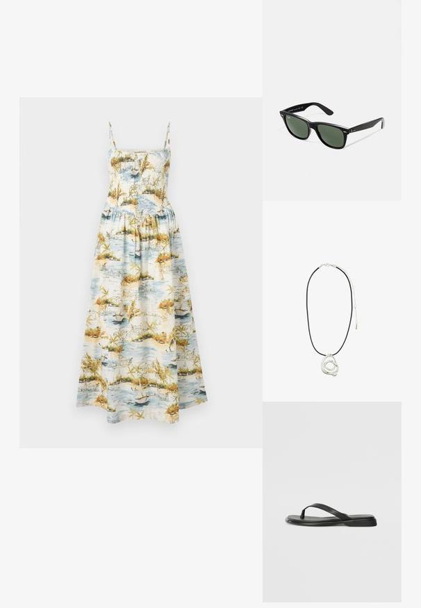 Maxi-jurk met smalle bandjes, gerimpelde lijfje en een landschapprint met water, boten en tropische begroeiing in blauwe, groene en oranje tinten.; Zwarte teenflip-flop van glad leer, met een dunne band en een platte zool met een minimalistisch profiel. Geen opvallende patronen of accenten.; Zwarte plastic zonnebril met groene lenzen, vierkante montuur, zilveren accent op de wenkbrauw en een gestructureerde tempel. Merken vermeld op de binnenkant van de arm.; Pilgrim UNFOLD - Ketting - silver-coloured