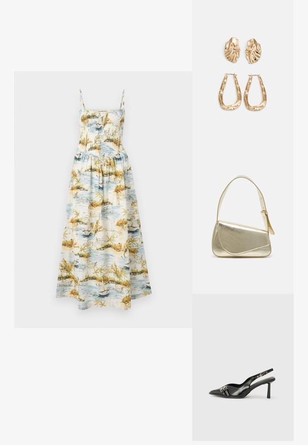 Maxi dress with narrow straps, smocked bodice, and a landscape print featuring water, boats, and tropical foliage in blue, green, and orange hues.; Black patent leather slingback shoe with pointed toe, ankle straps featuring silver buckles and hardware, and a slender heel.; Gold metallic handbag with a structured design, smooth texture, and adjustable strap. Features a unique triangular shape and minimalist stitching.; Gold-tone earrings featuring textured, wavy shapes. Includes sculptural clip-on studs and open hoop design with a hammered finish.