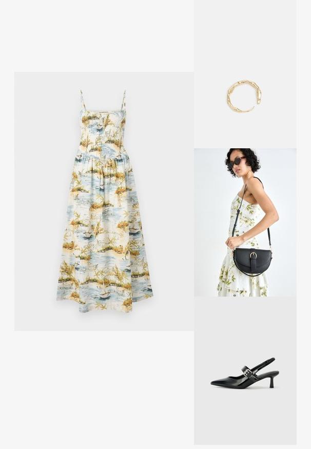 Maxi kjole med smalle stropper, smocket bodice og et landskabsprint med vand, både og tropisk vegetation i blå, grønne og orange nuancer.; Sorte laker slingback hæle med spids tå og en lille blokhæl, med en sølvspændeaccent på remmen.; Sort læderhåndtaske med en buet form, aftagelig rem og guldfinish. Tasken har en klap med en spænde detalje.; Guld-tone ring med et organisk, snoet design, glat overflade og affasede ender, hvilket skaber et moderne, skulpturelt udseende.