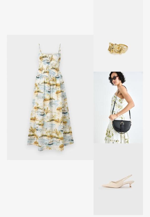 Maxi kjole med smalle stropper, smocket bodice og et landskabsprint med vand, både og tropisk vegetation i blå, grønne og orange nuancer.; Spidsnæbbede slingback sko i off-white læder, med en lille sløjfedetalje og en lav kitten heel. Glat tekstur, minimalistisk design.; Sort læderhåndtaske med en buet form, aftagelig rem og guldfinish. Tasken har en klap med en spænde detalje.; Guldring med tekstureret, bølget design, der har tre fremtrædende toppe. Glat, skinnende overflade med en åben ring, der gør den justerbar.