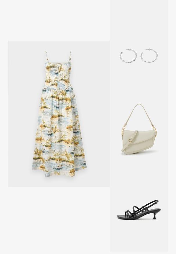 Maxi kleit kitsaste rihmadega, smockitud bodice ja maastiku mõtlemisega trükk, mis sisaldab vett, paate ja troopilist roheline oranžides toonides.; Mustad musta kandaga sandaalid, millel on mitmed risti minevad rihmad. Sile materjal, terav nina ja kitsas konts. Reguleeritav pahkluuri rihm klambriga.; Väike kreemjas käekott tekstureeritud viimistlusega, pikendatav rihm, ketiläbimõõt ja klapiga sulgemine. Kuldsed metalldetailid.; Hõbedased rõngaskõrvarõngad keerutatud disainiga, millel on poleeritud viimistlus ja posti-tagune sulgemine. Diameeter umbes 3 cm.