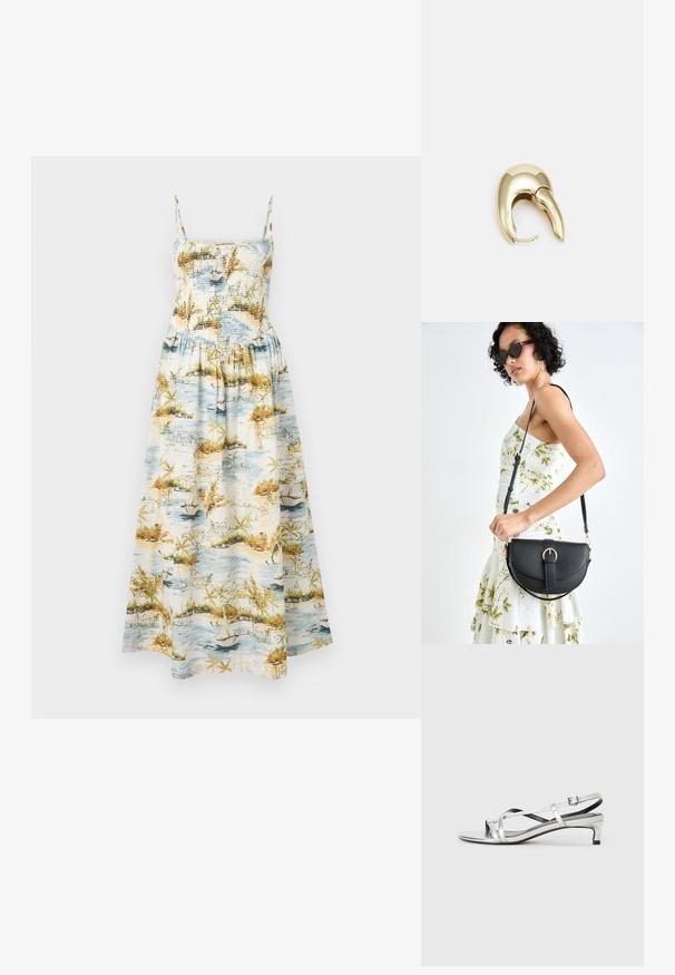 Maxi dress with narrow straps, smocked bodice, and a landscape print featuring water, boats, and tropical foliage in blue, green, and orange hues.; Silver metallic slingback sandal with a low heel, featuring crisscross straps and a smooth texture. Minimalistic design.; Black leather handbag with a curved shape, detachable strap, and gold hardware. The bag features a flap with a buckle detail.; Gold-tone metal earring with a sleek, curved design. Features a distinctive pointed shape, polished surface, and hinge closure.