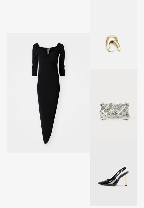 Črna obleka z dolgimi rokavi in kvadratnim izrezom, s nagubanimi detajli in asimetričnim robom. Narejena iz gladkega, elastičnega materiala.; Črne patentne kožne slingback visoke petne čevlje s koničastim nosom in zlatim kvadratnim poudarkom na peti. Imajo prilagodljiv gležni trak.; Srebrna metalna torbica z verižnim ročajem, prešita tekstura, dekorativno šivanje in zadrga. Ima embosirane dodatke na sprednji strani.; Uhane nakit iz zlatastega tona z gladko, ukrivljeno zasnovo. Ima edinstveno koničasto obliko, polirano površino in zaponko s tečajem.