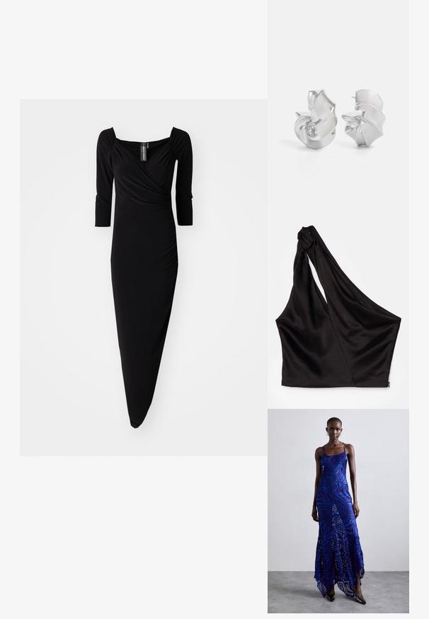 Juoda ilgų rankovių suknelė su kvadratiniu iškirpimu, raukinėta detalėmis ir asimetriška apatine dalimi. Pagaminta iš lygaus, tampraus audinio.; Asimetrinė juoda satino palaidinė su viena petneša, turinti drapiruotą dizainą ir šoniniu užtrauktuku. Minkšta tekstūra.; Mėlynas ir purpurinis gyvūnų rašto ilgas suknelė su plonomis petnešomis, prigludusia krūtinės dalimi, plačiu apvadu ir permatomais akcentais.; Sidabriniai auskarai su tekamu, spiraliniu dizainu. Lygus paviršius su blizgiu apdaila. Yra švelni blizgesys ir jokie matomi papuošimai.