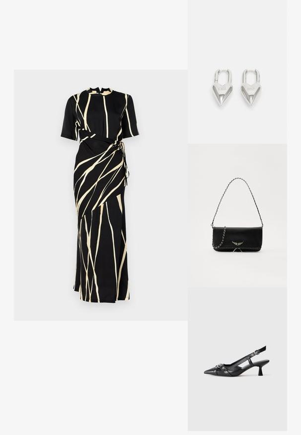 Nanushka BRANTLEY czarny; Czarne skórzane buty typu slingback z ostrym noskiem, ozdobnymi paskami z metalowymi oczkami oraz niskim klinowym obcasem. Teksturowana powierzchnia.; Czarna skórzana torebka z srebrnym łańcuszkiem, ozdobiona dekoracyjnymi skrzydłami i białym przeszyciem wzdłuż dolnego szwu.; Srebrne kłódki w kształcie serca z wygrawerowanymi napisami "TAK" i "NIE", polerowane wykończenie, symetryczny design oraz mocny metalowy zamek.