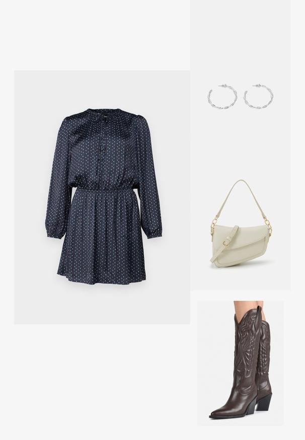 Abito blu navy in tessuto leggero con maniche lunghe, scollatura rotonda e pois rossi e bianchi. Vita elasticizzata per un look aderente.; Stivali da cowboy in pelle marrone con punta affusolata e tacco a blocco, caratterizzati da dettagliati ricami e accenti rialzati sul gambale.; Piccola borsa a tracolla crema con finitura testurizzata, una lunga tracolla regolabile, un accento a catena e chiusura a patta. Dettagli in hardware dorato.; Orecchini a cerchio in argento con un design torciglionato, caratterizzati da una finitura lucida e chiusura a perno. Misurano circa 3 cm di diametro.