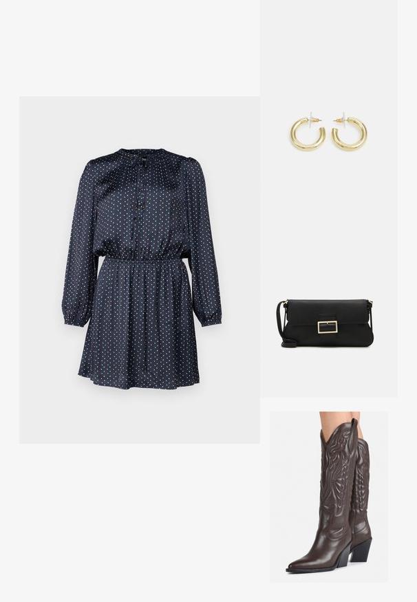 Rochie bleu marin dintr-un material ușor, cu mâneci lungi, decolteu rotund și buline roșii și albe. Brâu elastic pentru un aspect ajustat.; Bocanci de cowboy din piele maro, cu vârf ascuțit și toc pătrat, având cusături detaliate și accente ridicate pe tijă.; Geantă de mână din piele neagră, cu clapetă și un detaliu din metal auriu. Include o curea neagră și un design elegant, minimalist.; Cercei cercuri din aur cu un finisaj neted și strălucitor. Design circular cu un mic suport și un spate transparent pentru o purtare sigură.