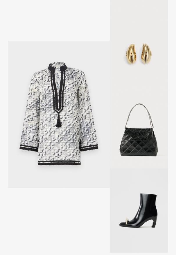 Valkoinen ja laivaston sininen kuvioitu tunika, jossa on mandariinikaulus, kolmen neljänneksen hihat, nappilista, jossa on tupsu, sekä mustat raidalliset yksityiskohdat.; Mustat nilkkurit, jotka on valmistettu kiiltävästä nahasta, ja joissa on terävä kärki sekä koristeellinen kultainen ja hopeinen aksentti edessä. Laiton korko.; Musta tikattu nahkalaukku, jossa hopeinen ketjuvannettava, rakenteellinen muotoilu ja sileä pinta.; Korvatekniikalla muotoillut kultasävytteiset korvakorut. Jokaisessa korvakorussa on sileäpintainen pinta ja pieni lukko, jossa on koristeellinen yksityiskohta.