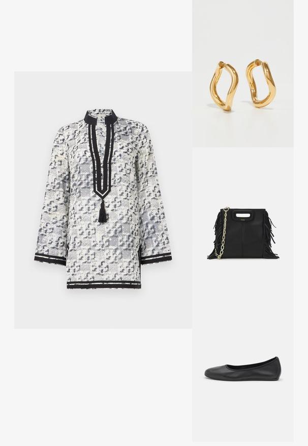 Tunică albă și bleumarin cu model, cu guler mandarin, mâneci trei sferturi, un placket cu un ciucure și accente negre în dungi.; Balerini din piele neagră, cu vârf rotund, textură netedă, detalii de cusătură minimale și un design al tălpii flexibil.; Geantă de mână din piele neagră cu detalii din franjuri, curea de umăr din lanț auriu și un mâner cu tăietură. Prezintă plasarea logo-ului pe față.; Cercei din aur cu un design curbat, neregulat și o textură netedă și lustruită. Fără accesorii sau elemente vizibile.