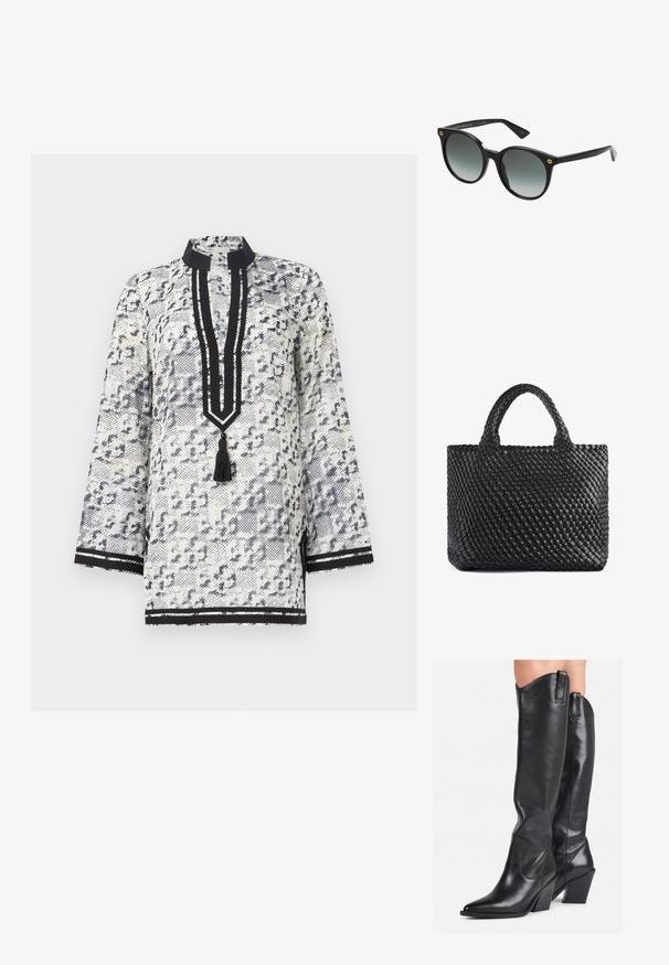 Bela in mornarsko modra tunika s potiskom, mandarin ovratnikom, rokavi do tri četrtine, z gumbom in resico ter črnimi črtami.; Črne usnjene škornje do kolen s koničastim nosom, ukrivljenim steblom in debelim petkom. Imajo gladko teksturo in ušesca na vrhu.; Črne prevelike sončne očala z graduacijskimi lečami. Plastičen okvir z zaobljeno obliko. Zlati logotip na strani. Gladek zaključek.; Črna tkaninasta torba s two ročaji, ki ima teksturirano površino in pravokotno obliko. Preprost, edinstven dizajn brez vidne opreme.