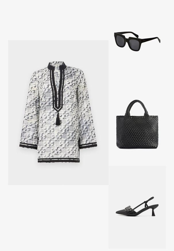 Tunică albă și bleumarin cu model, cu guler mandarin, mâneci trei sferturi, un placket cu un ciucure și accente negre în dungi.; Simmi London DALA - Pantofi clasici cu toc - black; Ochelari de soare negri, cu lentile rectangulare și rame groase din plastic. Brațele sunt elegante, cu un finisaj lucios și un branding minim.; Geantă de umăr împletită neagră cu două mânere, având o suprafață texturată și o formă rectangulară. Design simplu și unic, fără hardware vizibil.