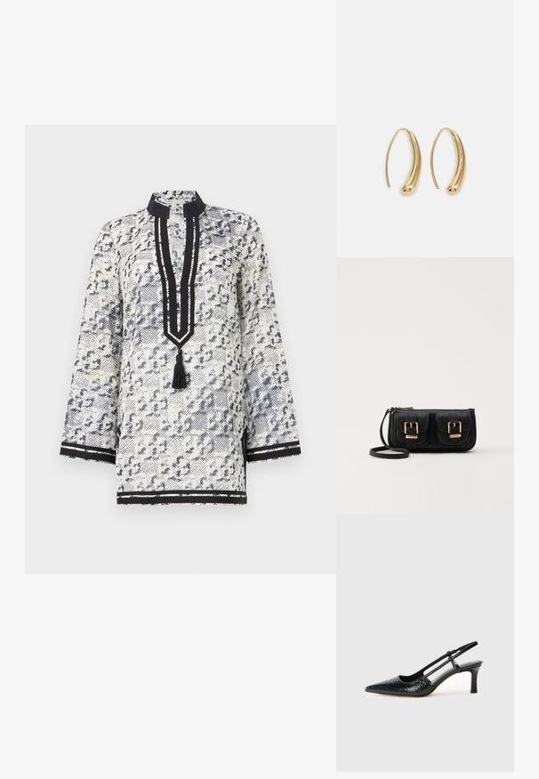 Balta ir tamsiai mėlyna raštuota tunika su mandarinų tipo apykakle, trijų ketvirčių rankovėmis, sagų juostele su kutu ir juodais dryželiais.; Juodai lakuoti slingback aukštakulniai su smailiu nosiu, su tekstūruotu gyvatės raštu, reguliuojama juosta ir trumpu, tekstūruotu blokiniu kulnu.; Juodas odinis per petį nešiojamas krepšys su dviem priekiniais kišenėmis, auksiniais sagtimis, užtrauktuko uždarymu ir siauromis petnešomis. Textūruota paviršius ir kompaktiškas stačiakampis formatas.; Auksinės metalinės auskarų kabės su lenktą, pailgą forma. Turi lygų, blizgantį paviršių ir užapvalintą galiuką papildomam akcentui.