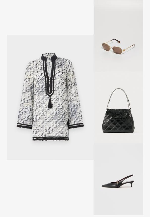 Balta un tumši zila rakstota tunika ar mandarina apkakli, trīspadsmit ceturtdaļas piedurknēm, piegriezumu ar pušķi un melnām svītrām.; Melnas ādas siksna ar papēdi, ar norādītu pirkstu, plānu papēdi un zelta akcentu pie potītes siksniņas. Gluda tekstūra un vienkāršs dizains.; Tory Burch Saulesbrilles - shiny gold-coloured; Melnas šūtas ādas rokassomas ar sudraba krāsas ķēdes rokturi, tai ir strukturēts dizains un gluda tekstūra.