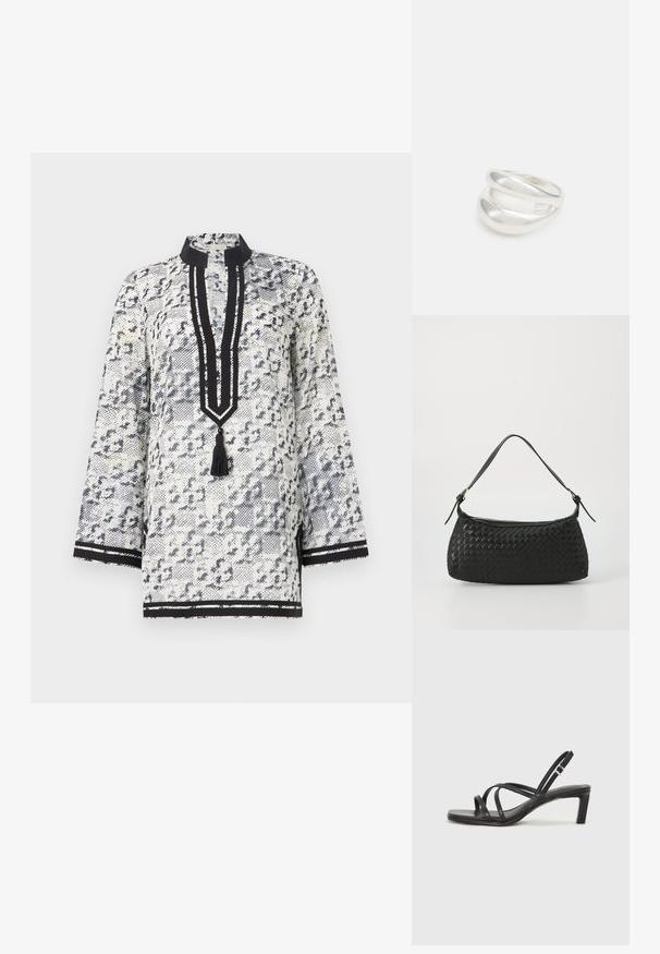 Túnica de color blanco y azul marino con un estampado, cuello mao, mangas tres cuartos, una apertura con un borlas y acentos a rayas negras.; Sandalia negra de tiras con punta cuadrada y tacón bajo de bloque. Presenta múltiples tiras delgadas y una correa ajustable en el tobillo. Fabricada en cuero suave.; Bolso de hombro tejido en negro con una correa de cuero suave y cierre de cremallera. Presenta una superficie texturizada y una forma curvada.; Anillo de plata de doble banda con una superficie lisa y pulida. Presenta un diseño fluido y curvado con secciones superpuestas para un aspecto moderno.