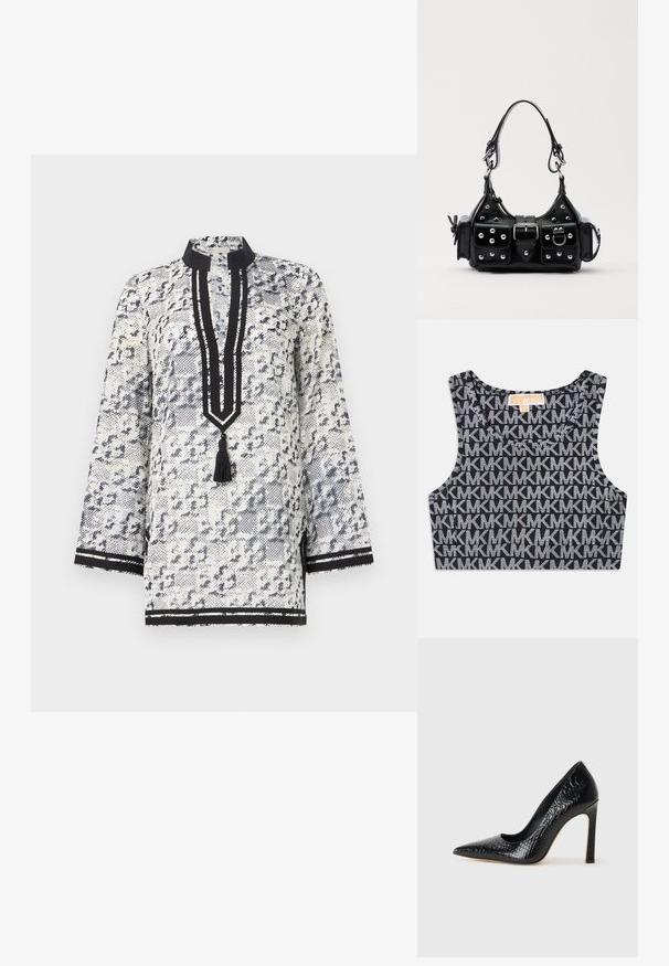 Hvid og marineblå mønstret tunika med mandarin krave, trekvartærmer, en stolpe med en kvast og sorte stribede detaljer.; Sort cropped tank top med et gentaget hvidt MK-logo mønster, rund halsudskæring og brede skulderstropper. Glat tekstur.; Sorte spidse tå stiletto-sko i krokodilleskind med et strømlinet design, høj hæl og glat sort inderside.; Sort læderhåndtaske med et buet design, prydet med sølvfarvede nitter, en spænde og to sidelommer. Justerbar rem til forskellige bære muligheder.