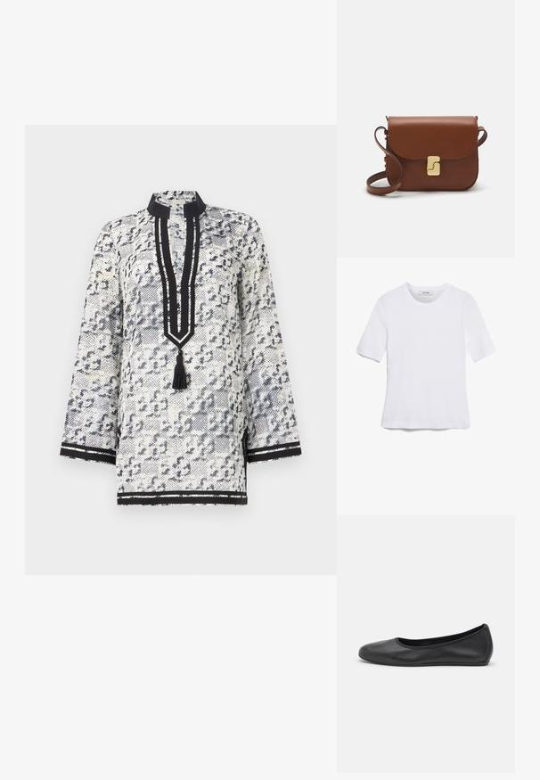 White and navy patterned tunic with a mandarin collar, three-quarter sleeves, a placket with a tassel, and black striped accents.; White short-sleeve t-shirt made of ribbed fabric. Round neckline, regular fit, and subtle stitching details. No patterns or graphics.; Black leather ballet flat with a rounded toe, smooth texture, minimal stitching detail, and a flexible sole design.; Brown leather handbag with a flap closure, gold-tone hardware, a shoulder strap, and a smooth texture. Compact rectangular shape.