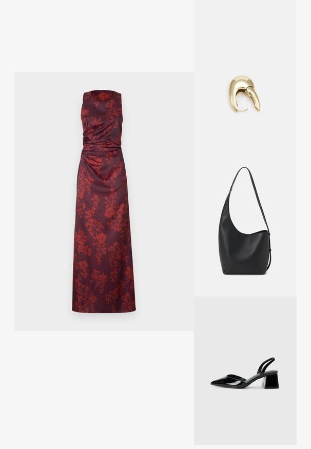Uničkovana, dolga obleka iz temno burgundske satenske tkanine z rdečimi cvetličnimi vzorci. Ima nabiranju na pasu in okrogel izrez.; Črne lakirane slingback pete s koničastim nosom in geometrijsko blokasto peto. Imajo eleganten, minimalističen dizajn in gladko teksturo.; Črna usnjena hobo torba z gladko teksturo, ukrivljeno obliko in eno nastavljivo naramnico; ima širok odprtina na vrhu.; Uhane nakit iz zlatastega tona z gladko, ukrivljeno zasnovo. Ima edinstveno koničasto obliko, polirano površino in zaponko s tečajem.