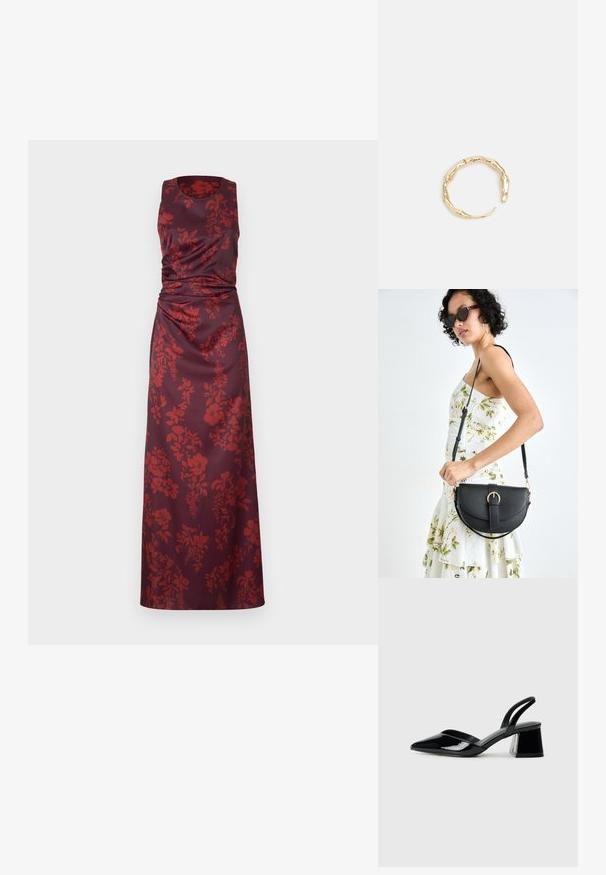 Rankas nesupjaustyta, grindų ilgio suknelė tamsiai bordo satinu su raudonomis gėlėmis. Yra raukiniai talijoje ir apvalus iškirpimas.; Juodos lakuotos odinės šlepetės su smailiu pirštu ir geometriniu bloko kulnu. Turi elegantišką, minimalistinį dizainą ir lygų paviršių.; Juodas odinis krepšys su išlenkta forma, nuimamu dirželiu ir auksiniais detalėmis. Krepšys turi kilpą su sagtimi.; Auksinės spalvos žiedas, turintis organišką, sukimosi dizainą su lygiu paviršiumi ir siaurėjančiais galais, sukuriantis modernią skulptūrinę išvaizdą.