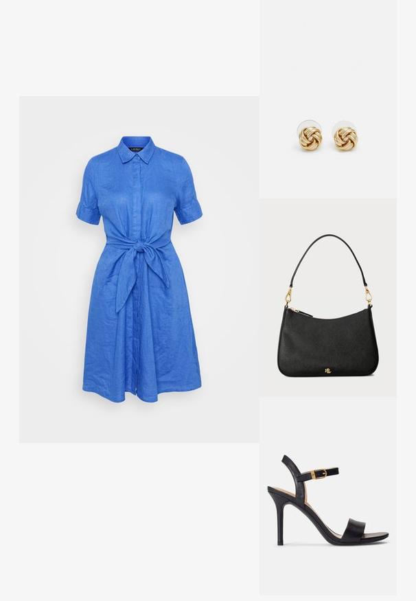 Mėlyna lininė suknelė su trumpomis rankovėmis, mygtukų užsegimu priekyje, apykakle ir juosmeniu su kilpa. Lygi tekstūra ir laisvas siluetas.; Juodos aukštakulnės sandalai, turintys lygaus odos paviršiaus, atvirą pirštą ir vienos juostos dizainą su auksiniu užsegimu.; Juodas odinis rankinukas su struktūrizuotu dizainu, turintis užtrauktuko užsegimą, nuimamą dirželį ir auksinius aksesuarus.; Aukso spalvos mazgo auskarai su sukimo dizainu. Kiekvienas auskaras turi apvalų skaidrų pagrindą, užtikrinantį saugų dėvėjimą.