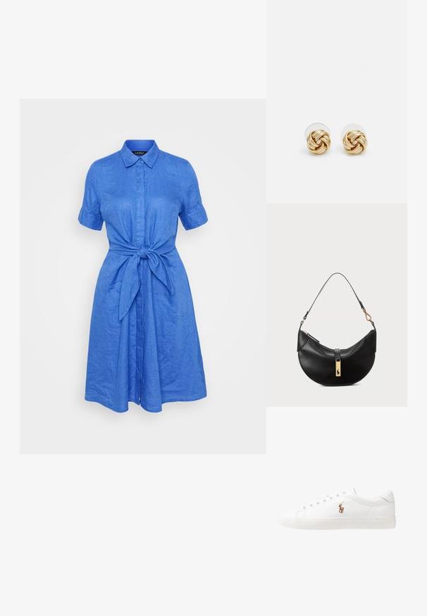 Zila lina kleita ar īsām piedurknēm, pogājamu priekšpusi, apkakli un jostas saites detaļu. Gluda tekstūra un brīvs piegriezums.; Baltas ādas sporta apavi, zema dizaina, ar gludu tekstūru, noapaļotu purngalu, ar auklēm priekšpusē un nelielu izšūtu logotipu sānos.; Melnas ādas rokas soma pusmēness formas. Iezīmē zelta metāla akcentus un šauru siksniņu. Gluda tekstūra, rāvējslēdzēja aizdare augšpusē.; Zeltītu mezgla auskari ar vērptu dizainu. Katrs auskaru pāris ir aprīkots ar apaļu caurspīdīgu atbalstu drošai nēsāšanai.