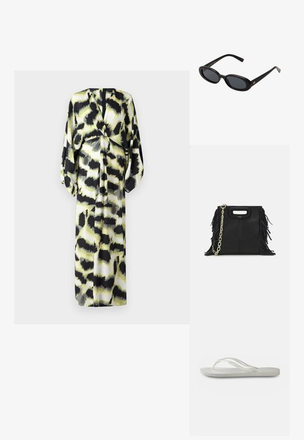 Diane von Furstenberg KASON DRESS - Vardagsklänning - shadow green; Vit flip-flop med en strukturerad sula, som har tunna remmar och en platt design. Tillverkad av gummi med en diskret logotyp på fotsulan.; Svarta överdimensionerade solglasögon med ovala linser, slät plastbåge och guldaccent på bågarna. Mörka linser ger solskydd.; Svart läderhandväska med fransdetaljer, guldkedja som axelrem och ett handtag med urtag. Har logotyp placering framtill.