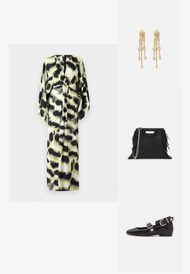 Diane von Furstenberg - Sukienka letnia; Czarne lakierowane baleriny z kwadratowym noskiem, z paskiem na kostkę z metalowymi elementami w kolorze srebrnym oraz płaską podeszwą. Gładka textura i minimalistyczny design.; Czarna skórzana torebka na ramię z frędzlami, złotym łańcuszkiem oraz wyciętym uchwytem. Posiada umieszczone na przodzie logo.; Złote kolczyki z wieloma kaskadowymi łańcuszkami, z przezroczystymi owalnymi akcentami z rhinestone'ów oraz ozdobnymi sztyftami.