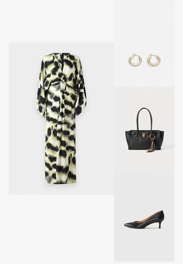 Diane von Furstenberg KASON DRESS - Vapaa-ajan mekko - shadow green; Mustat nahka-korkokengät, joissa on terävä kärki, matala korko ja sileä pinta. Edessä on pieni aukko ja takana minimaalinen varustus.; Musta nahkainen käsilaukku, jossa on kaksinkertaiset kahvat, kultainen lukko ja ketjuyksityiskohta, sekä musta-valkoinen tupsu koriste, valkoista taustaa vasten.; Lauren Ralph Lauren BASIC SMALL HOOP - Korvakorut - gold-coloured