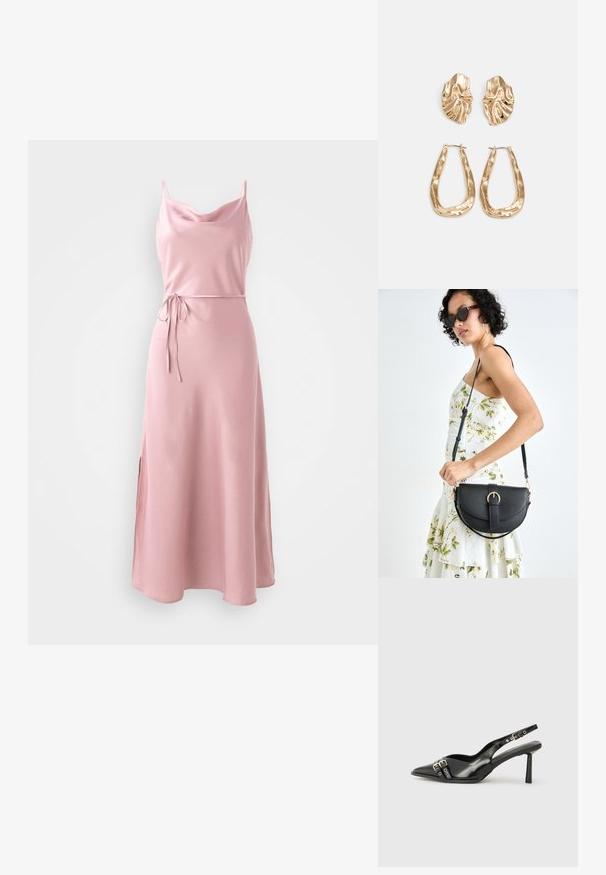 Ružová saténová šaty s výstrihom do tvaru kôlky, tenkými ramienkami a šnúrkou na uväzovanie v páse. Obsahuje bočný rozparok pre pohodlné pohyby.; Čierne lakované kožené slingback topánky s špicatou špičkou, remienkami okolo členku s striebornými prackami a hardvérom, a štíhlým podpätkom.; Čierna kožená kabelka s zaobleným tvarom, odnímateľným popruhom a zlatými doplnkami. Kabelka má klopu s detailom s prackou.; Náušnice v zlatej farbe s textúrovanými, vlnitými tvarmi. Obsahujú sochárske klipsové náušnice a otvorený tvar krúžku s kladivkovým povrchom.