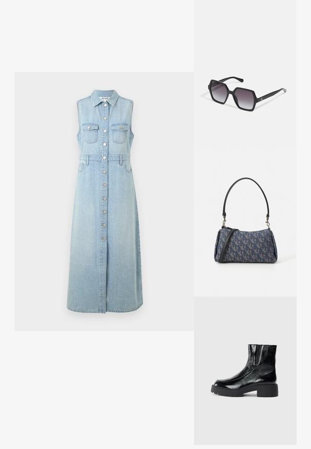 Denim ermeløs kjole, lys blå, med knapplukking foran, to brystlommer, innsnevret midje og lang, rett snittskjørt.; Svarte ankelstøvler med en blank lakkfinish, kraftig svart gummisåle og hevet hæl; inkluderer subtile logo-detaljer på siden.; Svart sekskantede solbriller med gradientlinser, med en blank finish og subtil merkevareføring på stangen. Slitesterk plastkonstruksjon.; Blåmønstret håndveske laget av stoff, med buet form, svart lærreim og logodesign i en lysere nyanse.