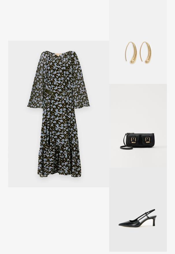 Crna cvjetna haljina s plavim cvjetovima, dugačkim prozirnim rukavima, elastičnim izrezom i remenom od tkanine s srebrnim okruglim detaljima. Šireni rub.; Crne lakirane slingback pete s oštrim vrhom, s teksturiranim uzorkom zmijske kože, podesivom remenom i kratkom, teksturiranom blok-petom.; Crna kožna torba preko ramena s dva prednja džepa, zlatnim kopčama, zatvaranjem na zip i uskim remenom. Teksturirana površina i kompaktan pravokutan oblik.; Zlatne metalne naušnice u obliku obruča s zakrivljenim, izduženim oblikom. Imaju glatku, sjajnu površinu i zaobljeni vrh za dodatni detalj.