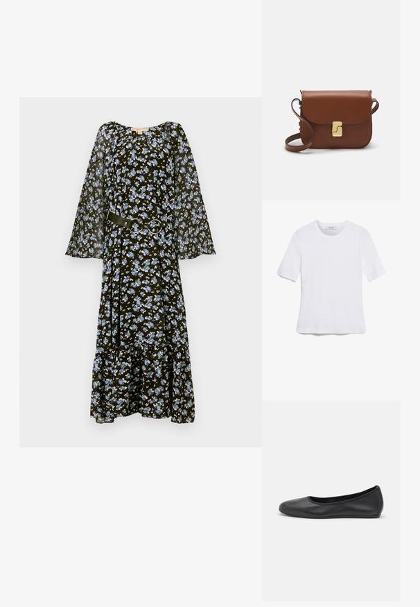 Must olla musta lilleline kleit, siniste lilledega, pikkade läbipaistvate varrukatega, elastse kaelusega ja kangast vööga, millel on hõbedased ümmargused detailid. Laienev alläär.; Valge lühikeste varrukatega T-särk ribatud kangast. Ümara kaelusega, tavalisest sobivusest ja peente õmbluse detailidega. Ilma mustrite või graafikateta.; Musthave mustika tantsutossud mustast nahast, ümmarguse varbaga, siledast tekstuurist, minimaalse õmblusdetailiga ja paindliku tallakujundusega.; Pruunist nahast käekott, millel on klapiga sulgur, kuldne riistvara, õlarihm ja sile tekstuur. Kompaktne ristkülikukujuline vorm.