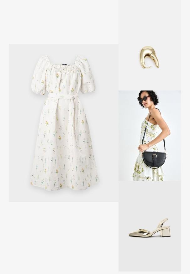 Rochie albă cu imprimeu floral în culori pastel. Include mâneci bufante, un bust elastic și un cordon legat la talie. Lungime sub genunchi.; Pantofi cu toc slingback metalici aurii, cu vârf ascuțit și toc chunky. Textură netedă, design minimalist și o curea subțire.; Geantă din piele neagră, cu o formă curbată, curea detașabilă și accesorii aurii. Geanta are un capac cu un detaliu tip cataramă.; Cercei din metal de culoare aurie cu un design elegant și curbat. Prezintă o formă distinctivă, ascuțită, o suprafață lustruită și un sistem de închidere cu balama.
