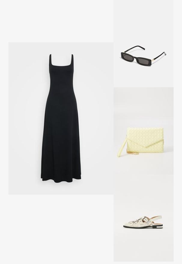 Čierne bezramienkové maxi šaty so štvorcovým výstrihom, vyrobené z hladkej, elastickej látky, s priliehavým korzetom a splývavou sukňou.; Sandalové topánky so zapínaním vzadu z bielej kože s viacerými širokými popruhmi a striebornými prackami; plochá podrážka s malým čiernym podpätkom a metalickými akcentmi.; Čierne obdĺžnikové slnečné okuliare s tmavými šošovkami, lesklými plastovými rámami a zlatými akcentmi na spánkoch. Minimalistický dizajn a štíhly tvar.; Žltý tkaný clutch peňaženka s preklápacím dizajnom, odnímateľným zápästným remienkom a zlatým reťazovým doplnkom. Hladký povrch a obdĺžnikový tvar.
