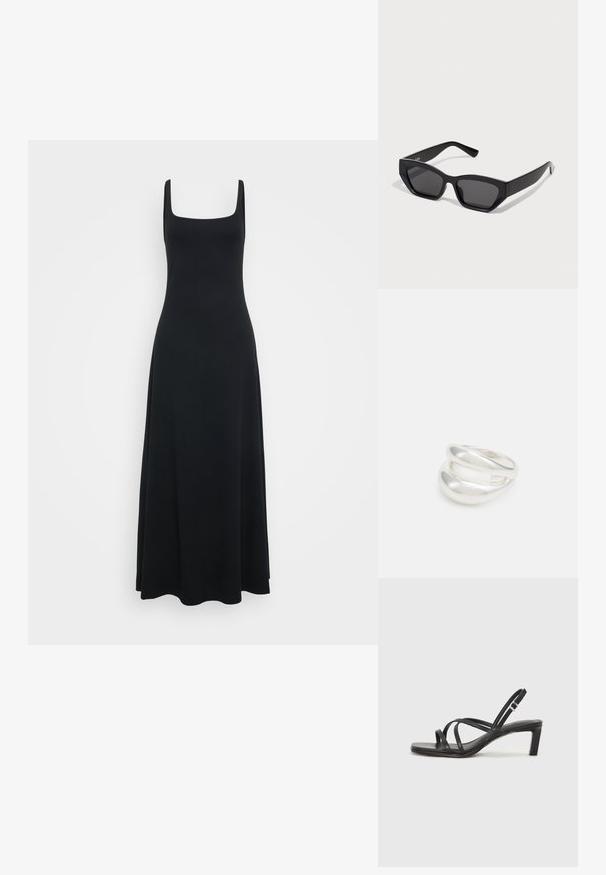 Musta hihaton maksimekko, jossa on neliömainen kaula-aukko, valmistettu sileästä, joustavasta kankaasta, ja jossa on istuva yläosa ja ohut hame.; Mustat hihnalligat, joissa on neliön muotoinen kärki ja matala lohkokorko. Ominaisuuksiin kuuluu useita ohuita hihnoja ja säädettävä nilkkahihna. Valmistettu sileästä nahasta.; Mustat suorakaiteen muotoiset aurinkolasit, joissa on paksut kehykset, tummat linssit ja kulmikas muotoilu. Suoraa muovimateriaalia ilman näkyviä kuvioita tai koristeita.; Hopeinen kaksinkertainen rengas, jossa on sileä, kiillotettu pinta. Siinä on sulava, kaareva muotoilu, jossa on päällekkäisiä osia modernin ilmeen saavuttamiseksi.