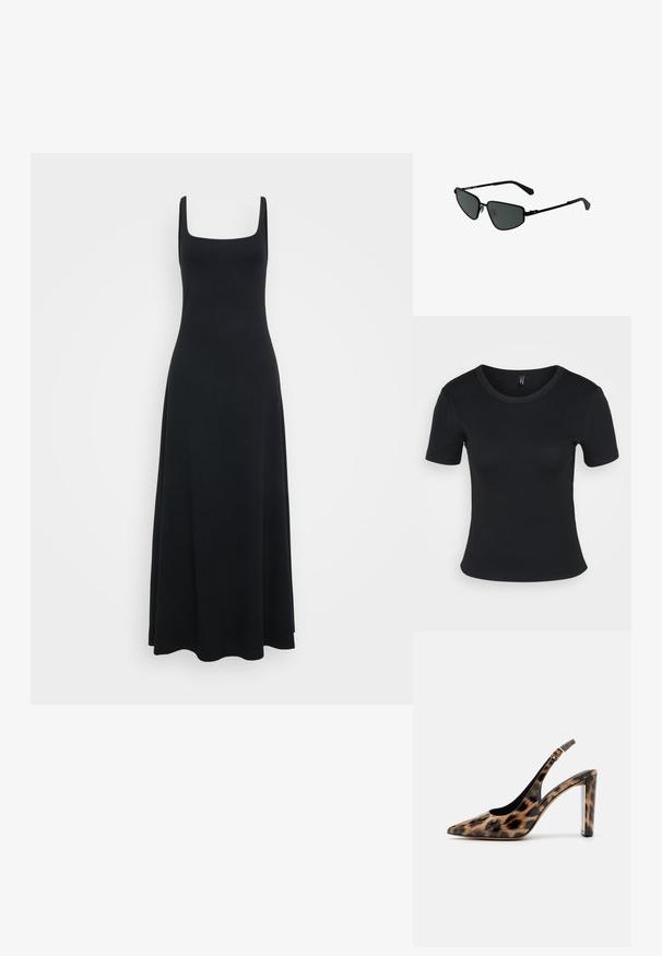 Svart, ermeløs maxikjole med firkantet hals, laget av glatt, elastisk stoff, med en tettsittende overdel og et flytende skjørt.; Sort ribbet t-skjorte med korte ermer og rund hals. Myk tekstur og tettsittende design, med rett kant og minimalistiske detaljer.; Leopardmønstret slingback pumpsko med spidse tæer og gennemsigtig blokhæl. Lavet af glossy materiale med en glat tekstur.; Svarte metal solbriller med kantete rammer og mørke linser. Har tynne, rette armer og nesepads for en sikker passform.
