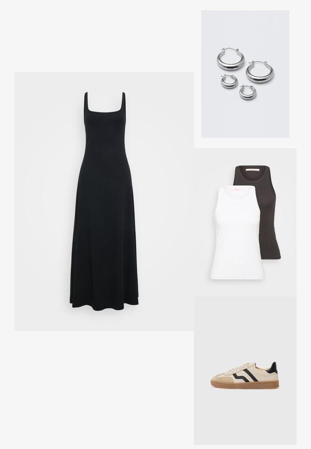 Czarna, bezrękawnikowa maxi sukienka z kwadratowym dekoltem, wykonana z gładkiego, elastycznego materiału, z dopasowanym gorsetem i swobodną spódnicą.; Dwa topy bez rękawów w kolorze białym i ciemnoszarym, z prążkowanym teksturem, okrągłym dekoltem i designem bez rękawów. Metki znajdują się wewnątrz dekoltu.; Beżowe sneakersy z czarnymi paskami, zamszowe akcenty na palcach i pięcie, teksturowana gumowa podeszwa oraz płaskie sznurowadła. Minimalistyczny design i neutralne kolory.; Cztery pary srebrnych kolczyków w formie obręczy w różnych rozmiarach: duże gładkie okręgi oraz mniejsze zaokrąglone style z polerowanym wykończeniem i prostymi zapięciami.