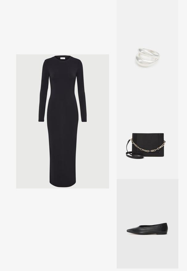Crna haljina dugih rukava, prilagođena tijelu, izrađena od rastezljivog materijala, s okruglim izrezom i ravnim siluetom koja doseže do sredine lista.; Crne kožne balerinke, uski vrh, minimalistički dizajn, glatka tekstura, niska peta, bez vidljivih dodataka ili ukrasa.; Crna kožna torba preko tijela s glatkom teksturom, pravokutnim oblikom i metalnim lancem na prednjoj strani. Uključena je podesiva naramenica.; Srebrna dvostruka prsten s glatkom, poliranom površinom. Karakterizira ga fluidan, zakrivljen dizajn s preklapajućim sekcijama za moderan izgled.