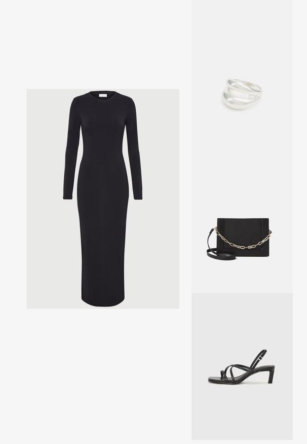 Dolga rokavica, oprijeta črna obleka iz raztegljive tkanine, s krožnim izrezom in ravno silhueto, ki sega do sredine meč.; Črne natikače s trakovi in kvadratnim prstom ter nizkim blokastim peto. Imajo več tankih trakov in nastavljiv trak okoli gležnja. Narejene so iz gladkega usnja.; Črna usnjena torba čez ramo z gladko teksturo, pravokotno obliko in kovinskim verižnim detajlom spredaj. Vključena je nastavljiva naramnica.; Srebrn dvojni prstan z gladko, polirano površino. Ima tekoč, ukrivljen dizajn z prekrivajočimi se sekcijami za sodoben videz.