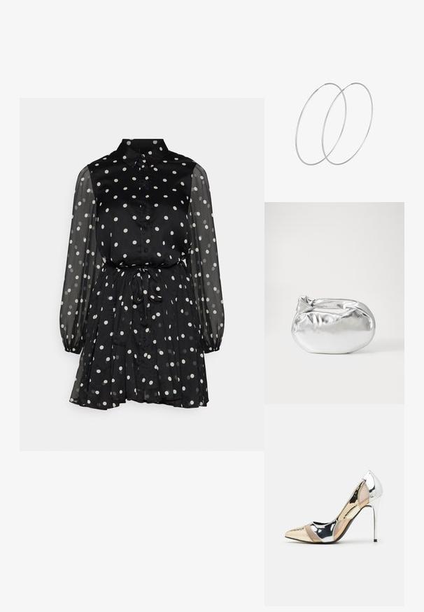 Črna obleka s pikami, s ovratnikom, gumbi spredaj, prosojnimi dolgimi rokavi in pasom s trakom. Narejena iz lahkotnega materiala z nabranim krilom.; Čevlji z visoko peto in konico, v barvni kombinaciji srebrne, zlate in nude. Sijajna obdelava z izrezljanim dizajnom, z igličasto peto.; Srebrna kovinska torbica z mehko, zaobljeno obliko in zavezano zgornjo zaporo. Narejena iz gladkega umetnega usnja.; Srebrne uhane v obliki obroča z minimalističnim dizajnom. Krožna oblika, gladka tekstura in tanek profil. Lahki s poliranim zaključkom.