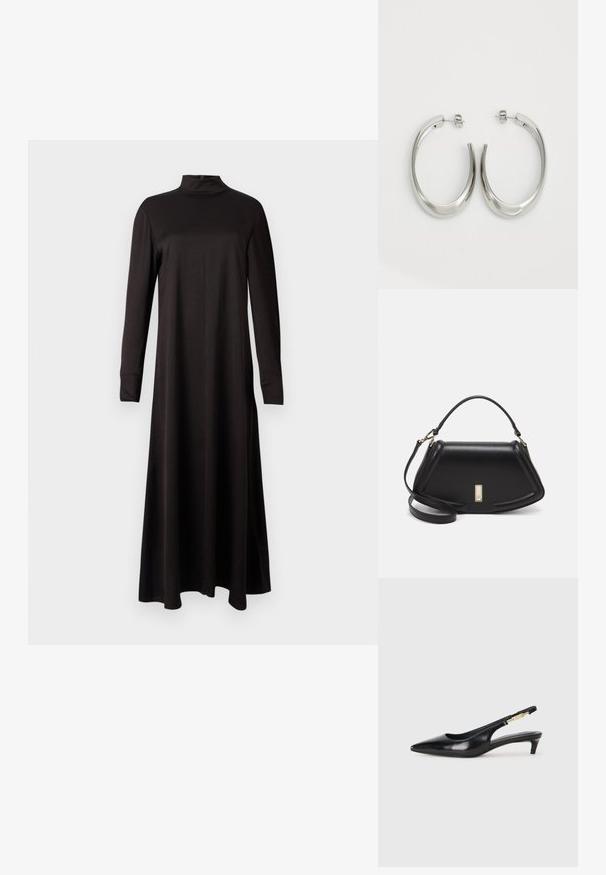 Čierne šaty s dlhými rukávmi, s vysokým golierom, vyrobené z hladkej tkaniny, s vzdušnou siluetou, ktorá siahajú po členky.; Čierne kožené slingback opätky s špicatou špičkou, s úzkym opätkom a zlatým detailom na nastaviteľnom remienku. Hladká textúra.; Čierna kožená kabelka so štruktúrovaným dizajnom, s krátkym tvarom, hornou rúčkou a zlatými prvkami. Súčasťou je nastaviteľný ramenný popruh.; Strieborné kruhové náušnice s hladkým, zakriveným dizajnom. Majú lesklý kovový povrch a zapínanie na kolík. Žiadne viditeľné vzory ani akcenty.