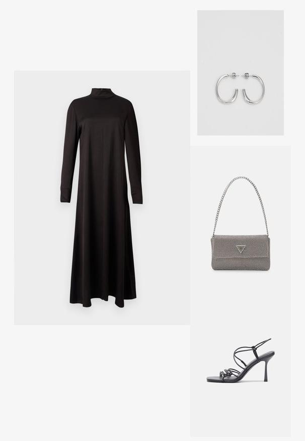 Fekete, hosszú ujjú ruha, magas nyakkal, sima anyagból készült, amely lágy sziluettel rendelkezik és a boka hosszáig terjed.; Fekete magas sarkú szandálok vékony pántokkal, csomózott mintával, sima négyzetes orral és karcsú stiletto sarkal rendelkeznek.; Világosszürke fémes kézitáska lánc pánttal, kis kör alakú fém kifinomult díszítéssel és háromszög alakú márkagéppel.; Ezüst karika fülbevalók sima, fényes felülettel. Lekerekített forma, könnyű kialakítással, tűs zárómechanizmussal.