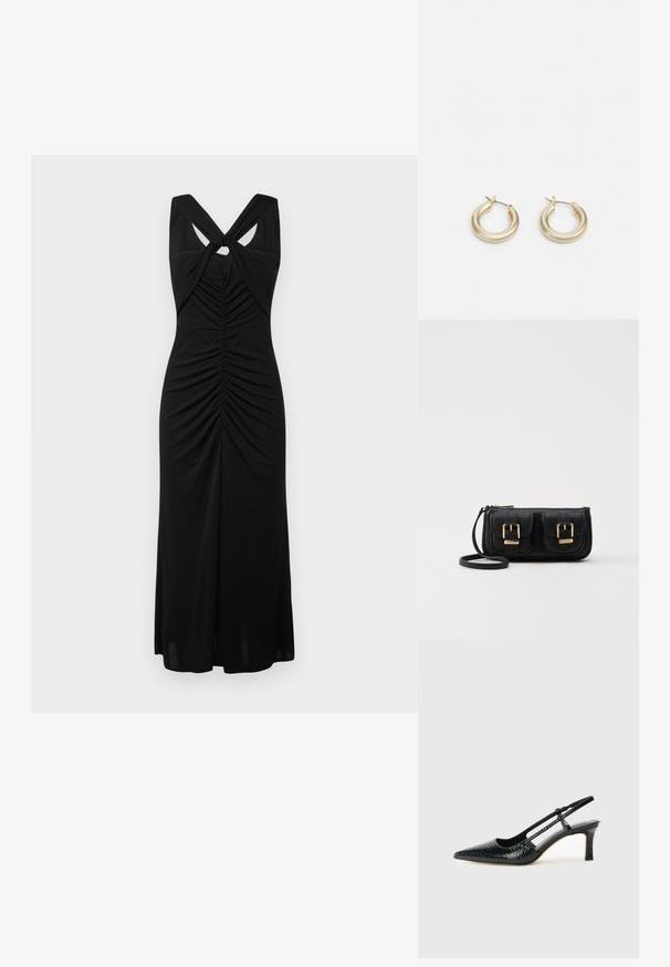 Musta hihaton mekko kierrettyjen olkaimien kanssa, ryppydetailing vartalon ympärillä ja levenevä helma, joka tarjoaa sileän tekstuurin ja elegantin muotoilun.; Musta patent slingback-kiilakorko teräväkärkisellä muotoilulla, jossa on teksturoitu käärmeennahkakuosi, säädettävä remmi ja lyhyt, teksturoitu blokkiheel.; Musta nahkainen olkalaukku, jossa on kaksi etutaskua, kultaiset soljet, vetoketjukiinnitys ja kapea hihna. Teksturoidun pinnan ja kompaktin suorakaiteen muoto.; Lauren Ralph Lauren BASIC SMALL HOOP - Korvakorut - gold-coloured