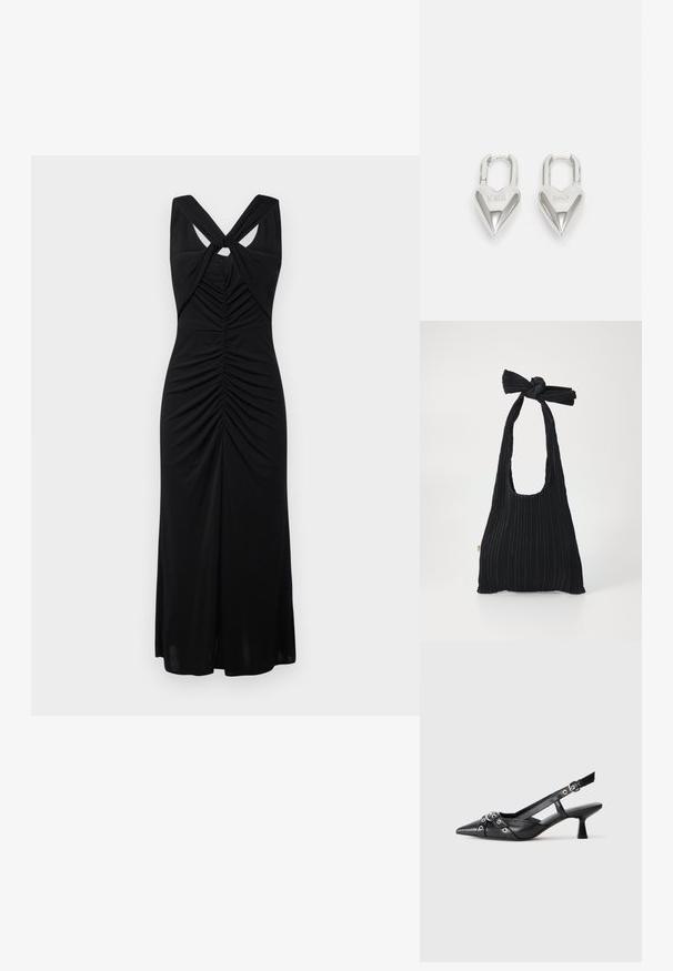 Czarna sukienka bez rękawów z skręconymi ramiączkami, marszczeniem wzdłuż biust, oraz rozkloszowanym dołem, oferująca gładką teksturę i elegancki design.; Czarne skórzane buty typu slingback z ostrym noskiem, ozdobnymi paskami z metalowymi oczkami oraz niskim klinowym obcasem. Teksturowana powierzchnia.; Loeffler Randall BOBBY czarny; Srebrne kłódki w kształcie serca z wygrawerowanymi napisami "TAK" i "NIE", polerowane wykończenie, symetryczny design oraz mocny metalowy zamek.