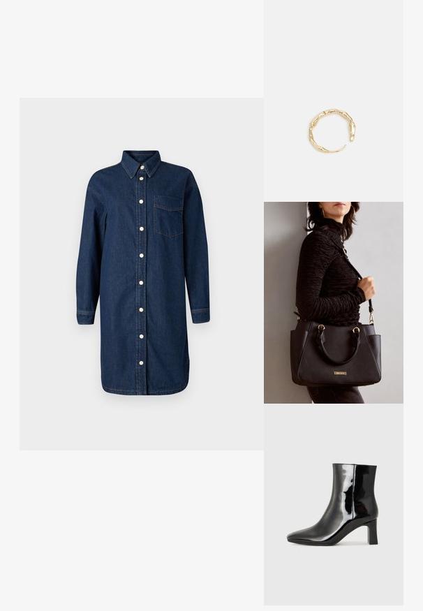 Denim srajčna obleka temno modre barve z gumbnim zapenjanjem spredaj, ovratnikom, dolgimi rokavi in žepom na prsih. Ima bele gumbe in kontrastne šive.; Črne lakirane gležnjarje z ošiljenim nosom in srednje visokim blokastim peto. Gladka tekstura in minimalističen dizajn.; Črna torbica z teksturirano površino, z dvema zgornjima ročajema in nastavljivim ramenskim pasom. Ima zlatovrateče dodatke in stranske žepe.; Zlati prstan s organskim, zvitim dizajnom, gladko površino in taperiranimi konci, ki ustvarja modernega, skulpturalnega videza.